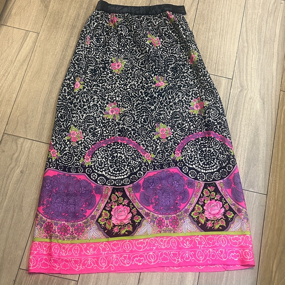 Vintage Alex Coleman Barkcloth 1960’s Floral Maxi Skirt - Black and Pink